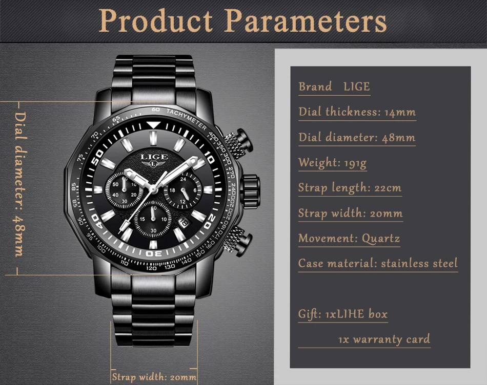 Relojes Hombre LIGE, мужские часы, Лидирующий бренд, Роскошные, 24 часа, дата, деловые кварцевые часы, мужские полностью стальные, большой циферблат, водонепроницаемые часы