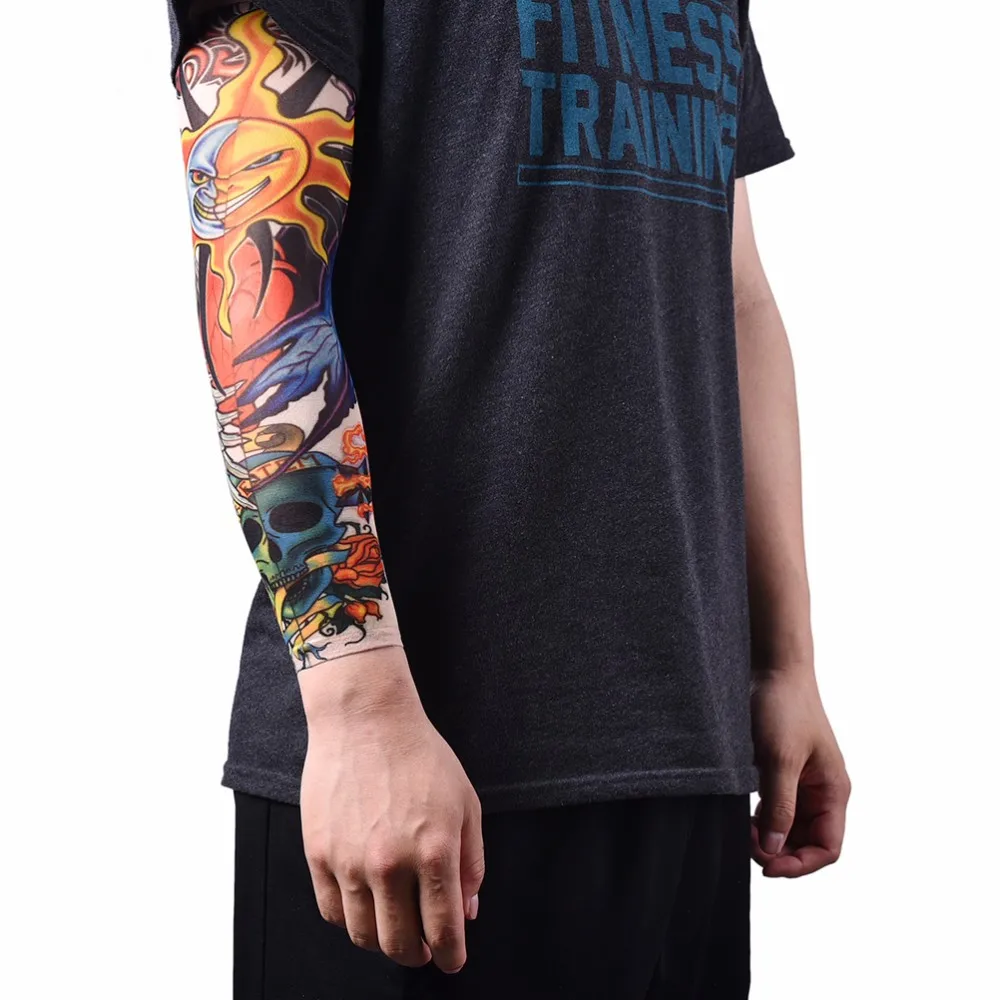 Hot Arm Warmer Skins Proteive Nylon Stretchy Fake Temporary Tattoo Sleeves Designs Body Stockings Tatoos Cool Men Women | Спорт и