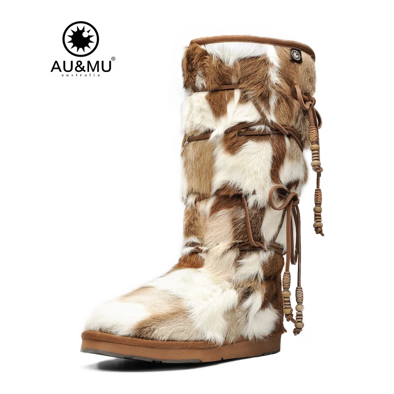2018 AUMU/австралийские удобные замшевые зимние сапоги до середины икры на плоской