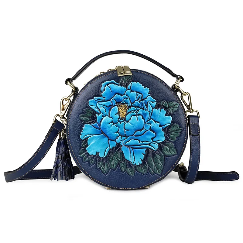 small women bag genuine leather shoulder bags embossed floral ladies leather handbag circular real leather crossbody bag