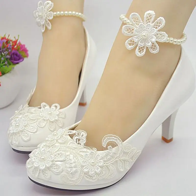 

High heels platforms wedding shoes woman ivory lace pearls brides bridal wedding pumps shoes lady female bridesmaid shoes