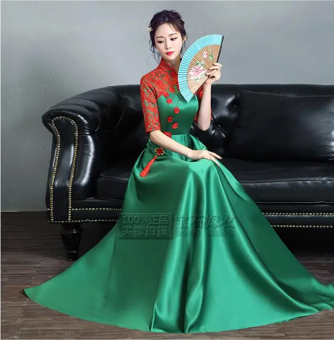 Chinese Oriental dresses Green Cheongsam Lace Dress Vintage Qipao Women Long Stage Improvement