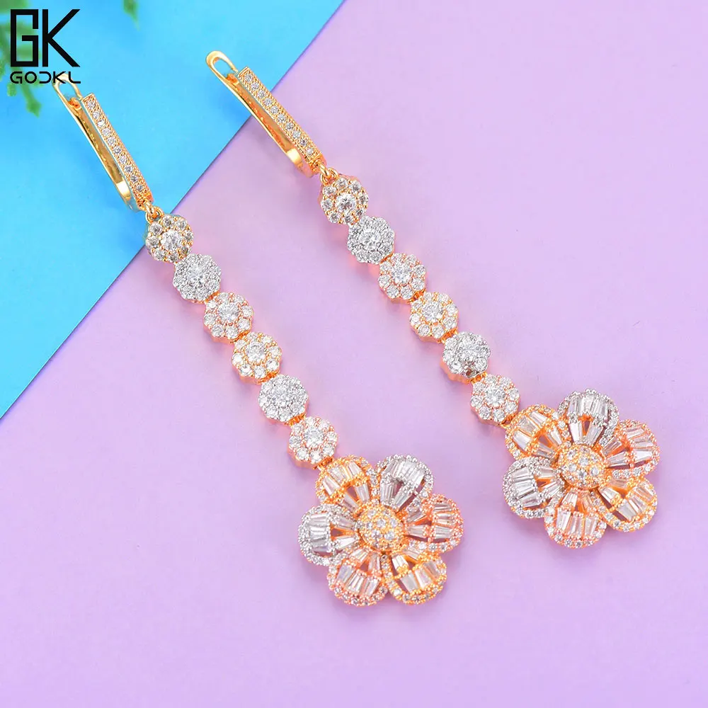 GODKI Luxury Flower Cubic Zircon Crystal CZ Long Dangle Earrings For Women African Bridal Earring aretes de mujer modernos 2018 | Украшения