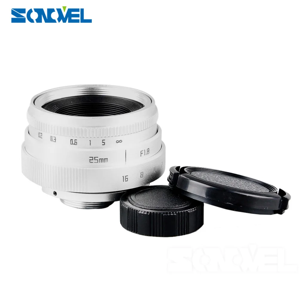 Серебряный 25 мм F1.8 APS C телеобъектив CCTV объектив + бленда для Sony E Mount Nex 5T F3 6 7 A6300 A6100