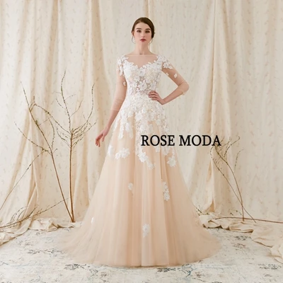 Розовое Moda французское кружевное свадебное платье с длинными рукавами бежевый свадебный наряд с белые кружева с аппликацией реальные фотографии - Цвет: same as photo
