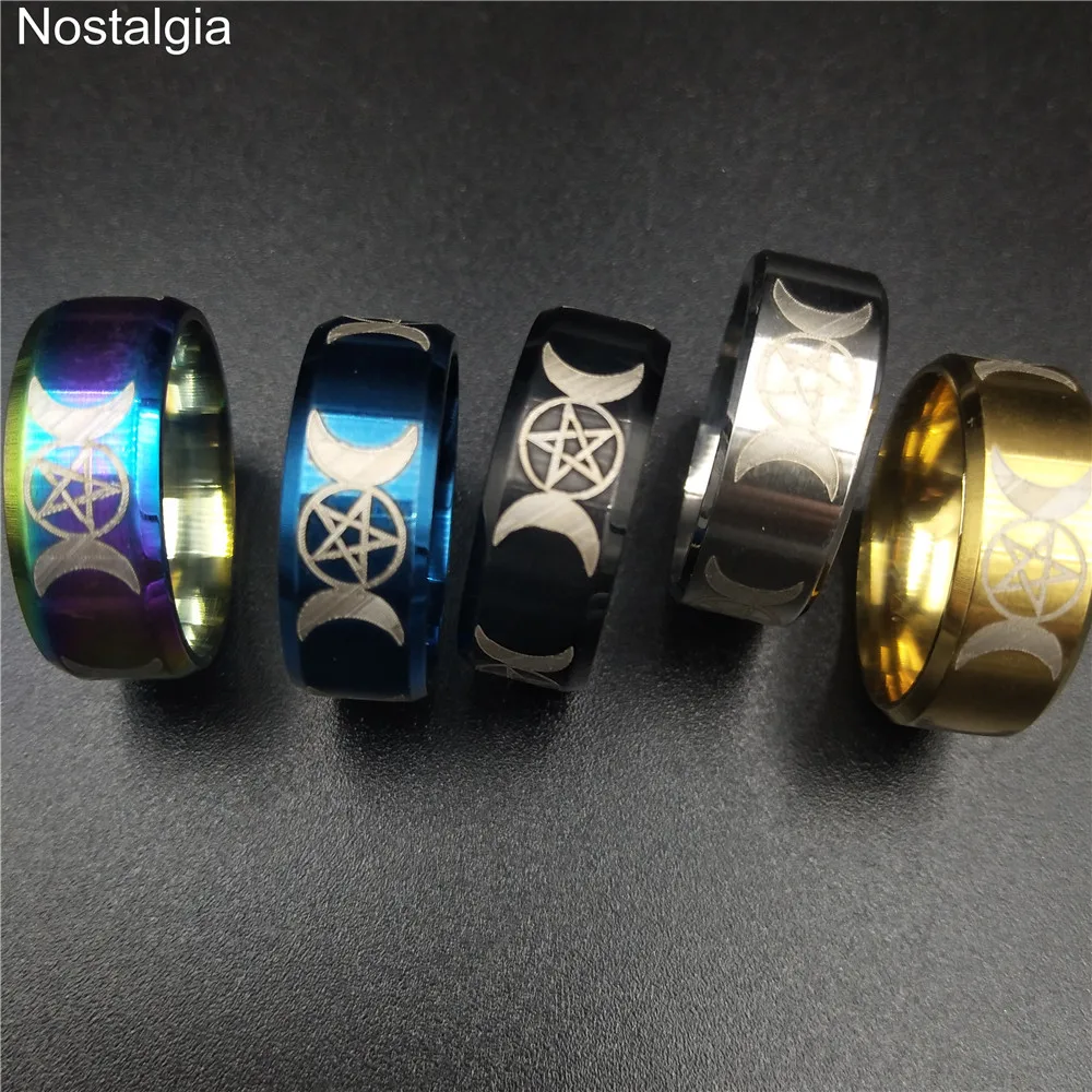

Nostalgia Stainless Steel Triple Moon Goddess Wicca Pentacle Titanium Ring Crescent Moon Pentagram Rings For Women Men Jewlery