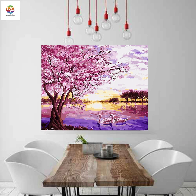 Frameless Digital Painting By Numbers purple tree lake swan Scene Acrylic Paint Modern Wall Art Canvas Home Deco Deal | Дом и сад