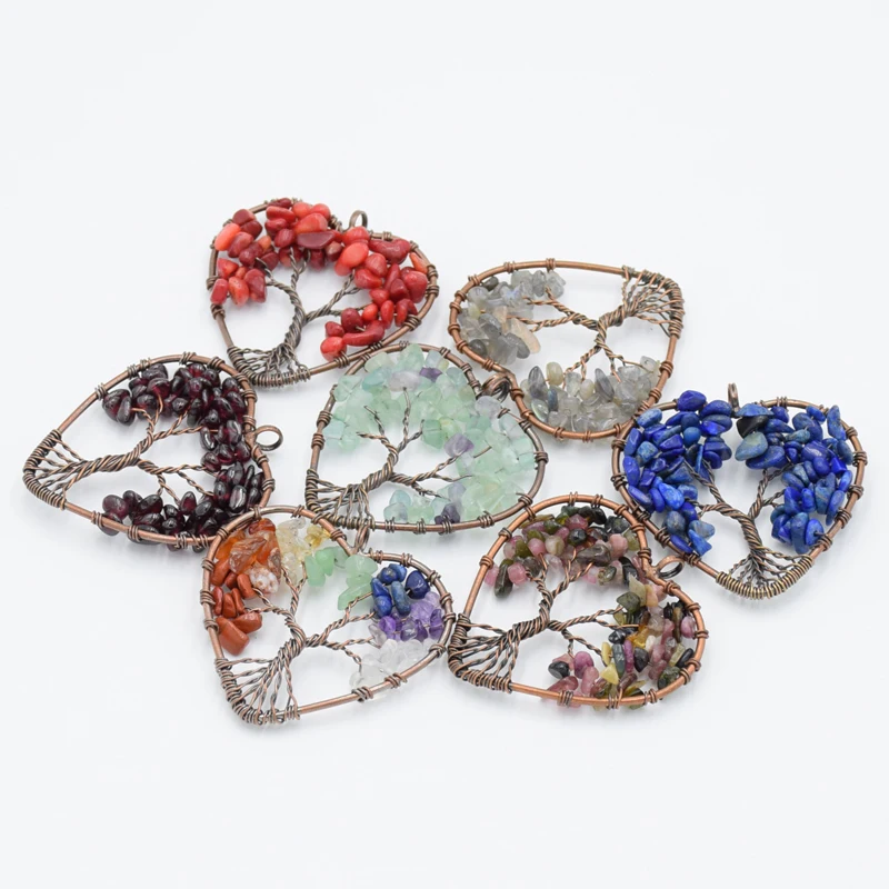 Женское колье ручной работы из медной проволоки с подвеской в виде сердца 7 чакр