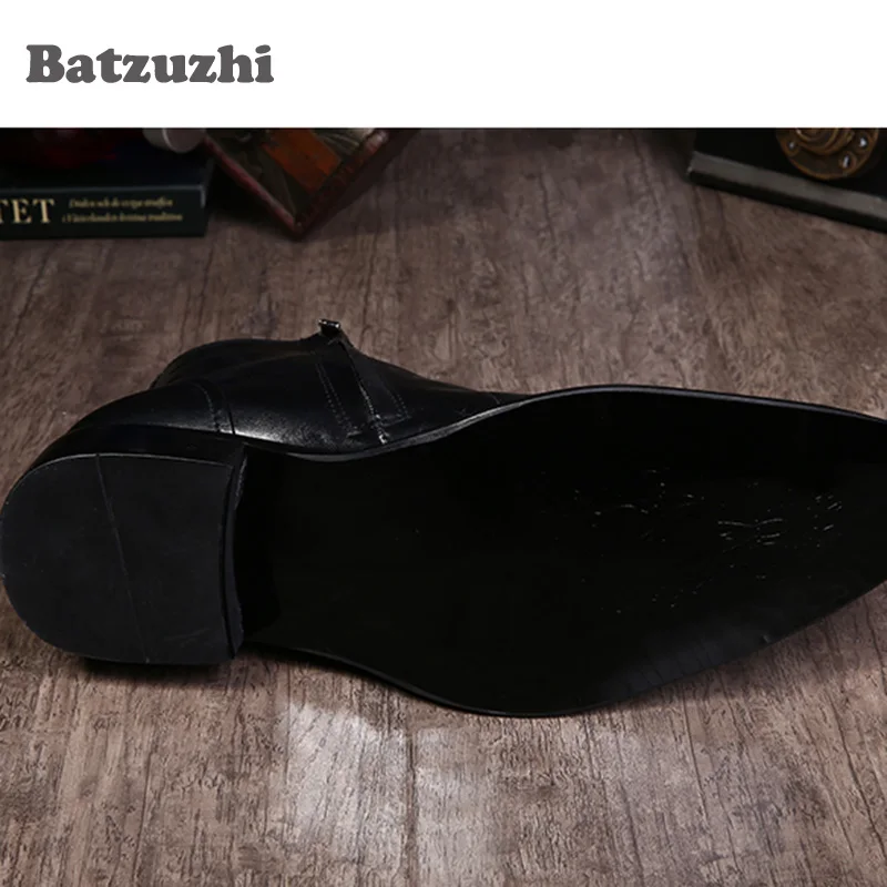 Ботинки Batzuzhi мужские короткие чёрные кожаные полусапожки с железным носком в