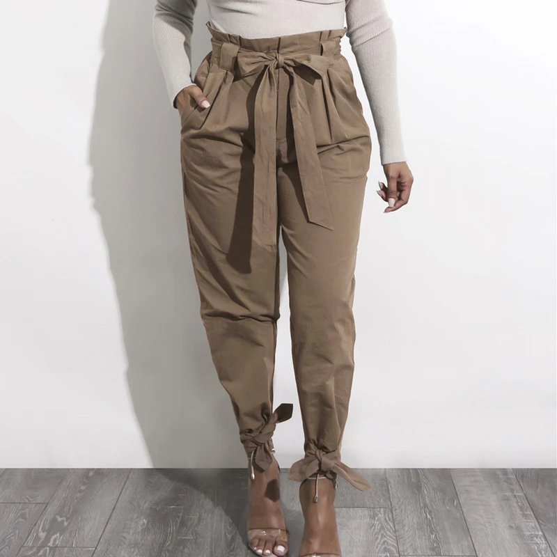 Style 1 khaki WENYUJH, свободные женские штаны с бантом и оборками, повседневные, одноцветные, с высокой талией, с карманами, осенние женские брюки, женские штаны с поясом - Цвет: Style 1 khaki