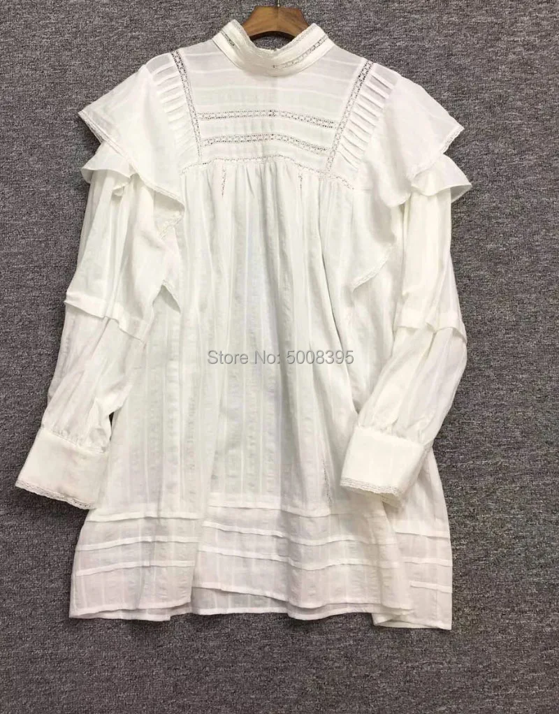 Woman Embroidered COTTON Mini DRESS lace stand collar Drop shoulder Ruffled Long Puff Sleeves