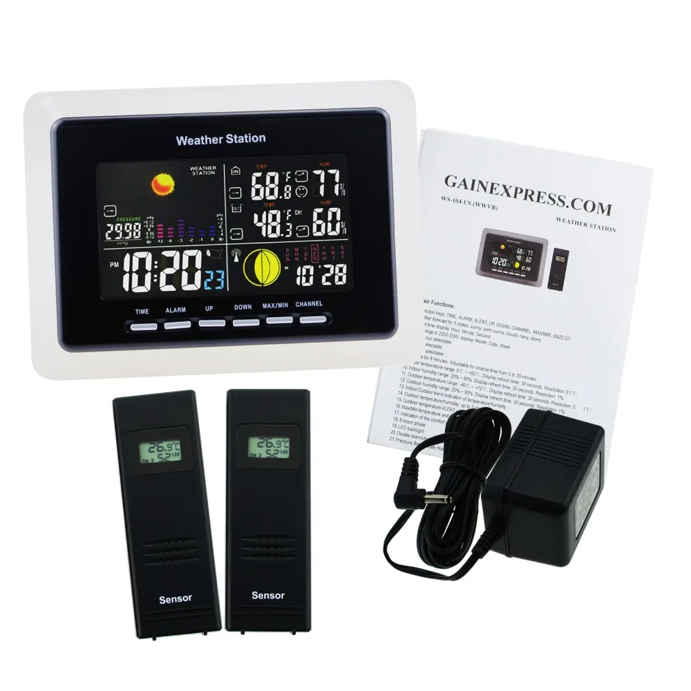 Беспроводная метеостанция 2 удаленных датчика прогноз погоды WWVB RCC Moonphase Alarm Indoor