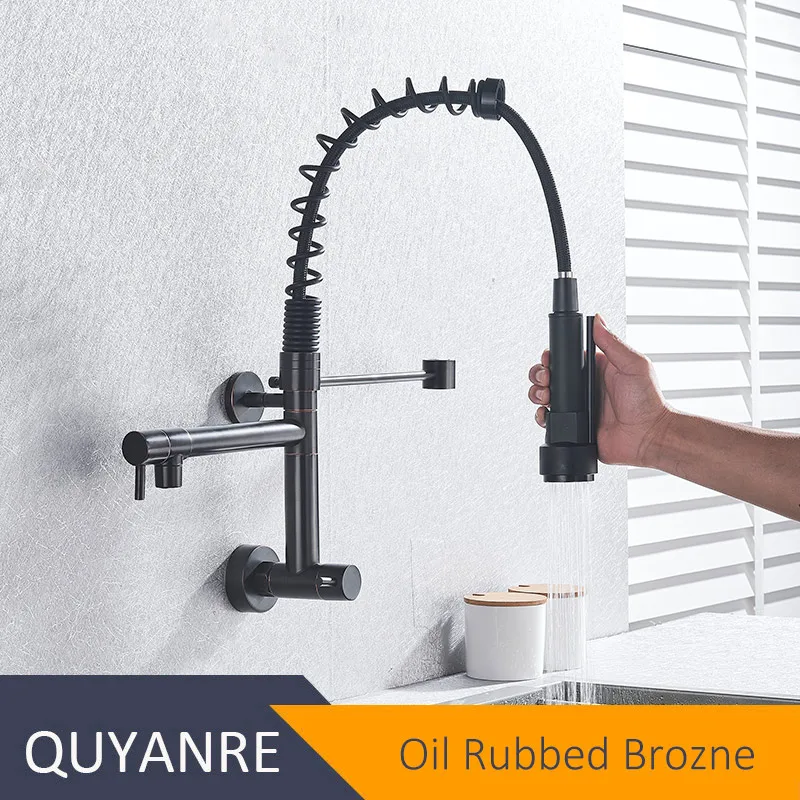 Oil Rubbed Bronze Черный настенный кухонный пружинный кран с двумя носиками, вращение на 360, одиночный холодный кухонный смеситель, кран для кухни - Цвет: Oil Rubbed Bronze