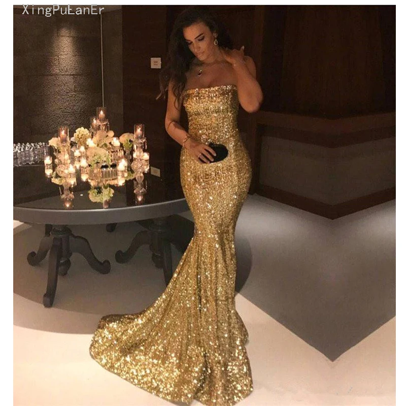 Русалка без бретелек золотые Выпускные платья 2019 Блестки Блестящие Стразы плюс