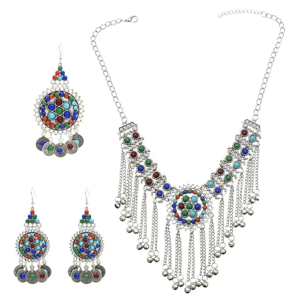 Retro Gypsy Tribal Color Beads Coin Bell Necklace Bracelet Earrings Set Boho Ethnic Afghan Dress Indian Bride Wedding Jewelry