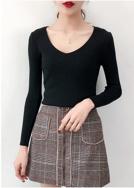2019 Autumn Women's Knitting Pullovers Sweater V-neck Long Sleeve Slim Tight Solid Korean Casual Fashion Elegant Tops T97411D | Женская