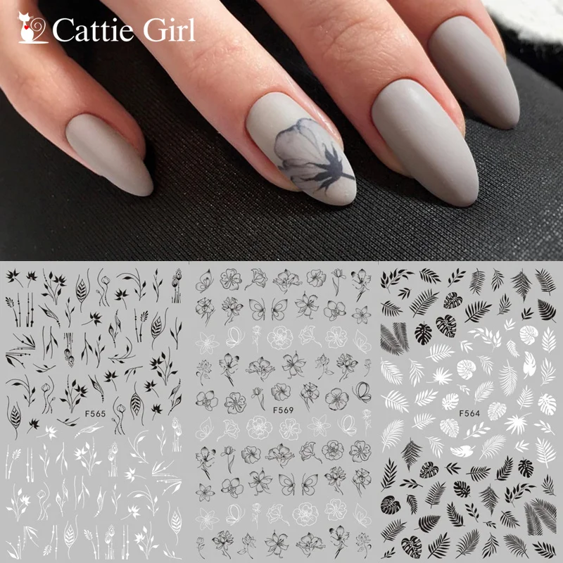 

1 Sheet Flowers 3D Nail Sticker Black Line Nail Art Design Leaf Flowers Lily Tulip Nails Stickers of Kids DIY Decorations