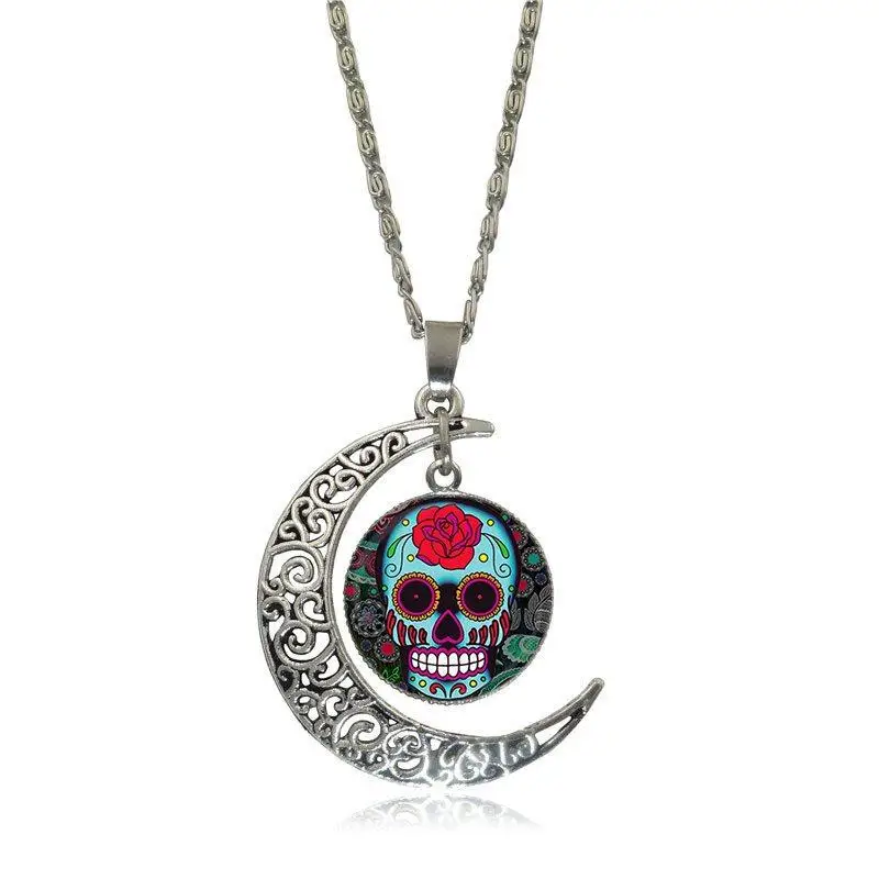 EJ Glaze Glass Cabochon Choker Moon Pendant Necklace Silver Color Jewelry For Women Girl Gift Mexican Sugar Skull | Украшения и