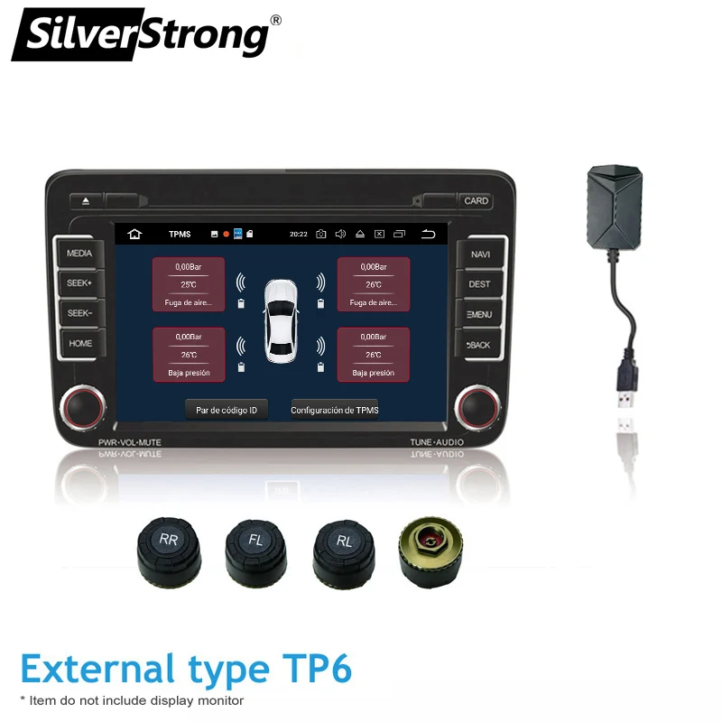 SilverStrong TPMS с USB сигнализацией давления в шинах авто система мониторинга давления в шинах 4 Датчики давления в шинах сигнализация температуры для Android автомобиля DVD - Тип: USB EXTERNAL TP6