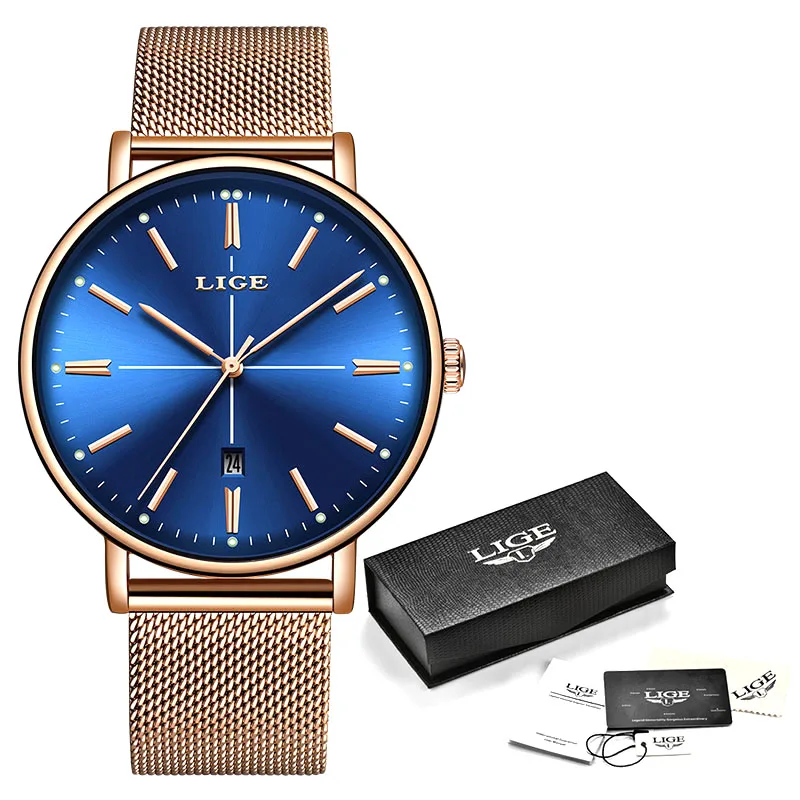 Rose gold blue Новинка, синие женские часы, деловые кварцевые часы, женские роскошные часы от ведущего бренда LIGE, женские наручные часы, женские часы для девушек, Relogio Feminin - Цвет: Rose gold blue