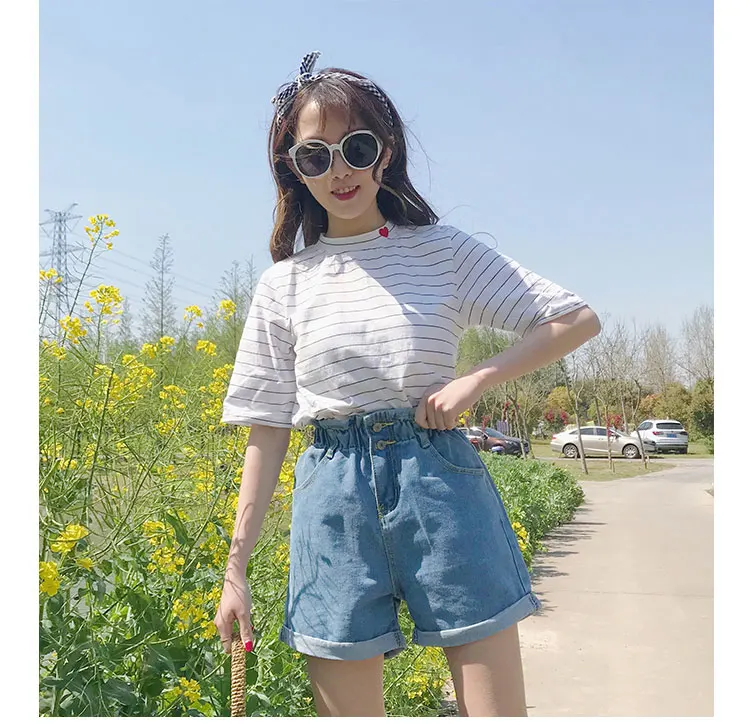 Light Blue Новые летние женские большие размеры свободные шорты из денима локон широкие ноги сплошной карман высокая эластичная талия низ горячая Распродажа B94120Z - Цвет: Light Blue