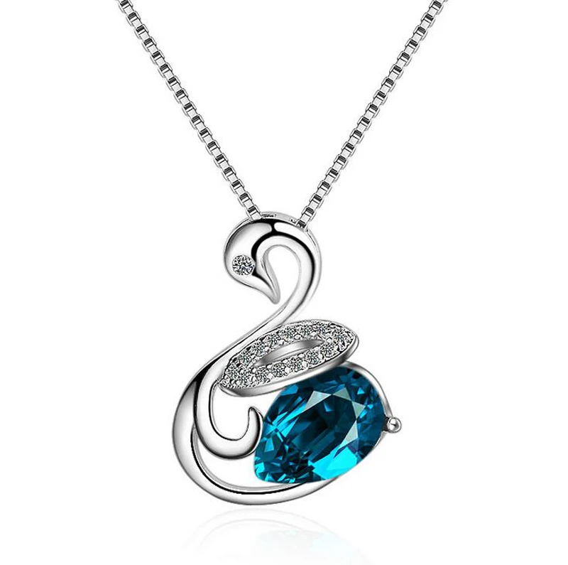 Fashion 925 Silver Blue Crystal Zircon Cute Animal Swan Pendant Necklace For Girls Women Short Clavicle Gift Jewelry | Украшения и