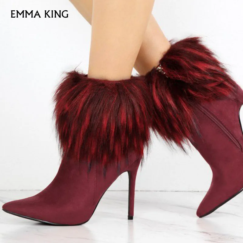 Emma king/черные/красные модные ботинки на меху замшевые ботильоны шпильке с острым