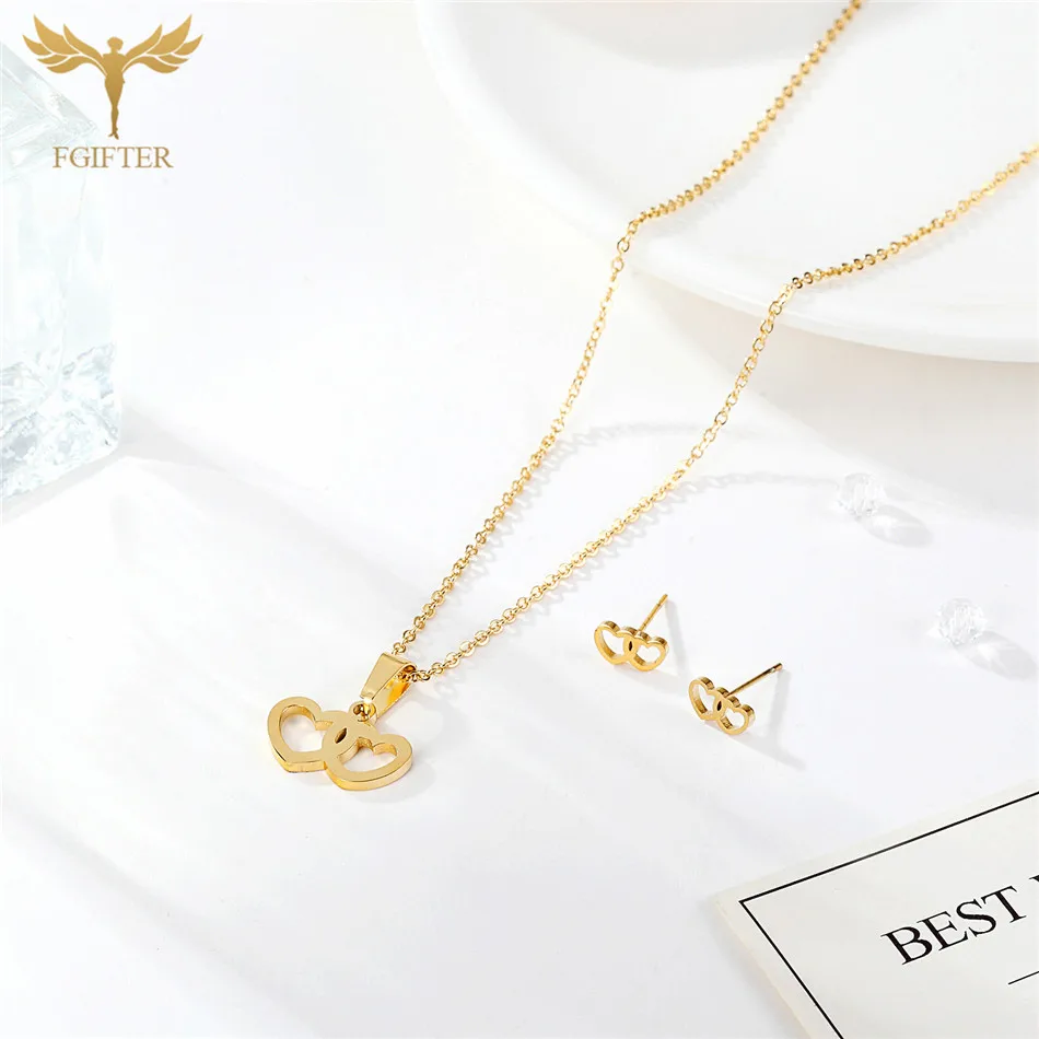 FGifter милые сестры подарок Двойные сердца серьги ожерелье набор украшений для