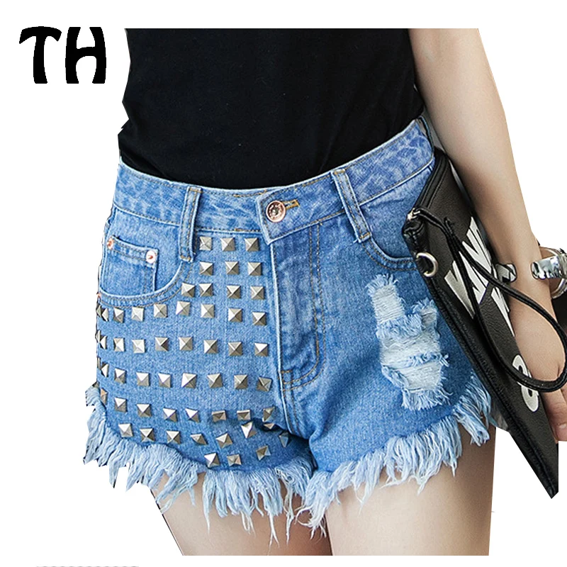 

Hole Tassel Rivet Denim Shorts Femme Ripped Jeans Short Feminino Irregular High Waist Short Jeans Women Bermudas #160223