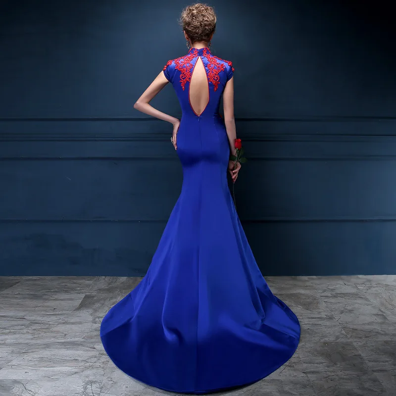 Королевский Синий Атлас со шлейфом долго Cheongsam платья Стенд воротник вышивка Qipao