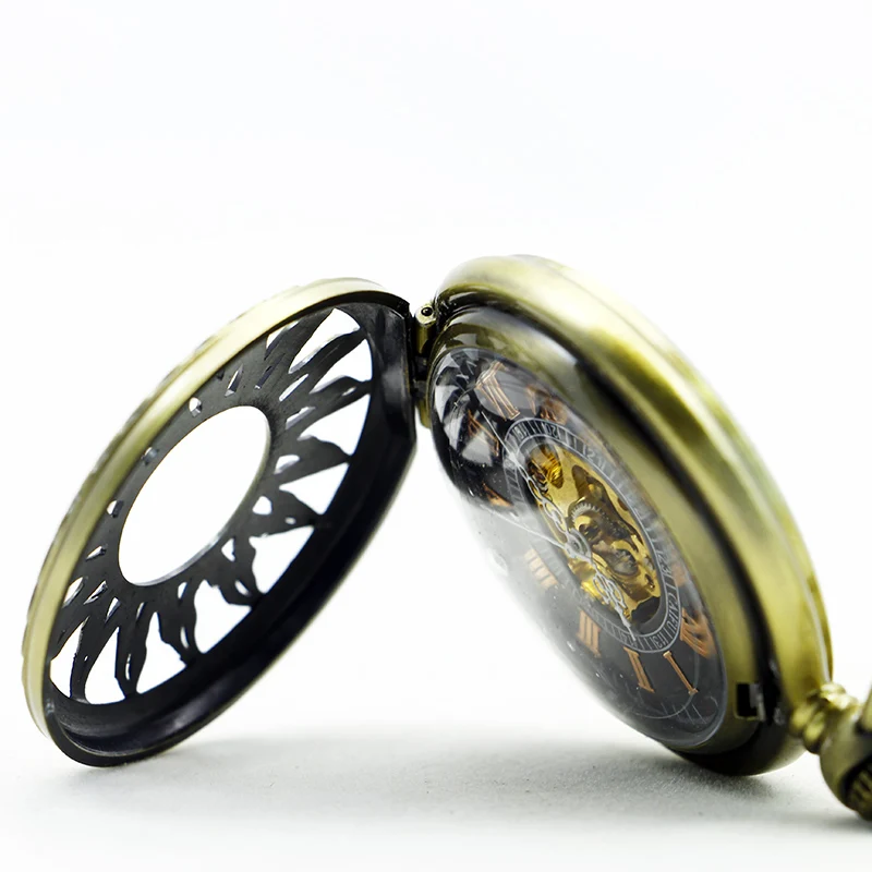 Antique Sunflower Skull Mechanical Pocket Watch Vintage Steampunk Manual Chain Necklace Pendant Accessory Clock Gift