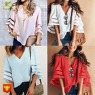 Новинка 2019, милая Свободная рубашка с V-образным вырезом и рукавами-фонариками, женская футболка, Топ с длинным рукавом, Корейская одежда QP001