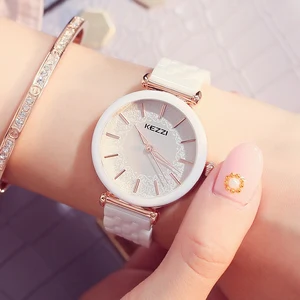 Часы KEZZI женские наручные кварцевые, брендовые водонепроницаемые с керамическим ремешком, стразы с корпусом