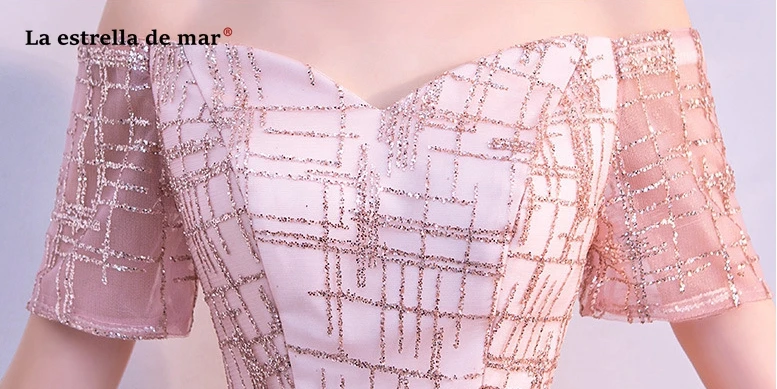 Vestidos boda invitada2019 Новое Кружевное платье подружки невесты с коротким рукавом и вырезом лодочкой с блестками цвета шампанского, золотого, розового цвета