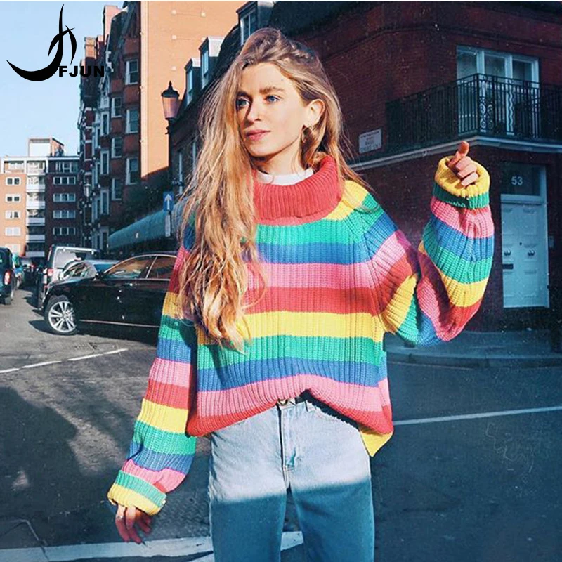 FJUN Winter Rainbow turtleneck sweaters women 2018 jumpers knitted clothes fashion colorful striped one size pullover female top | Женская