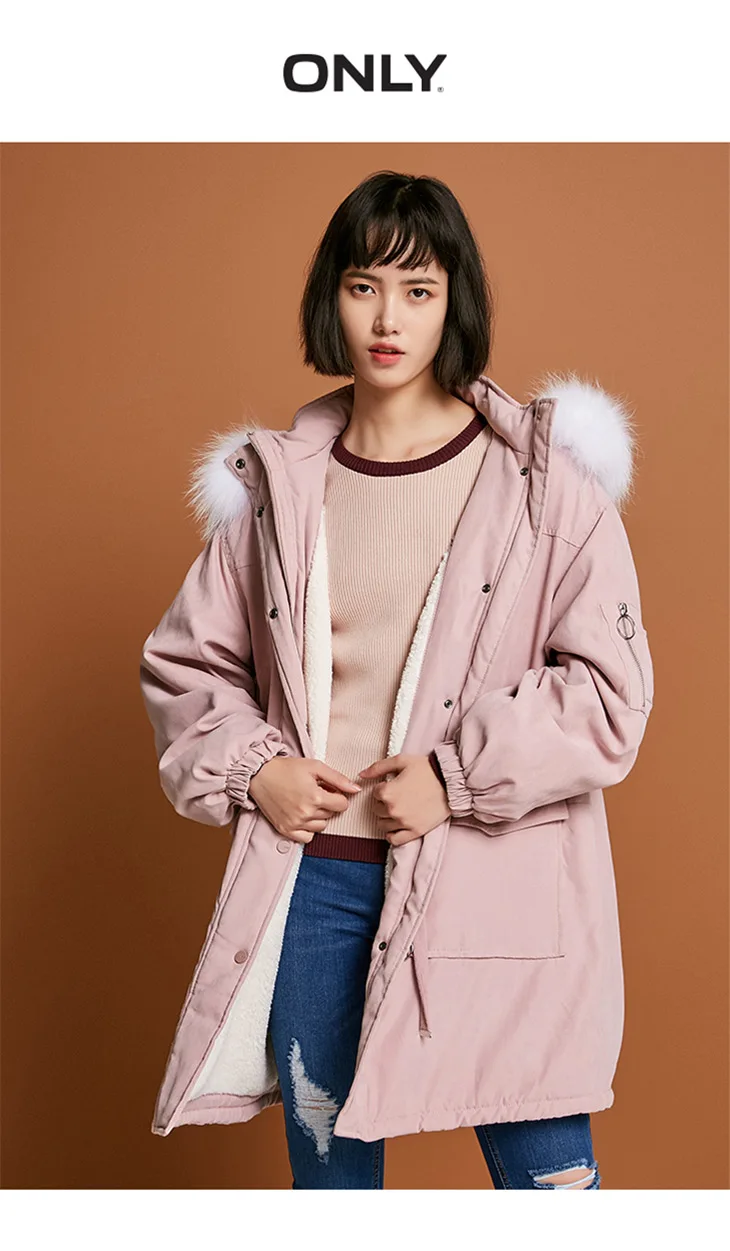 ONLY Women's Raccoon Fur Collar Cinched Waist Long Cotton Coat |118122501