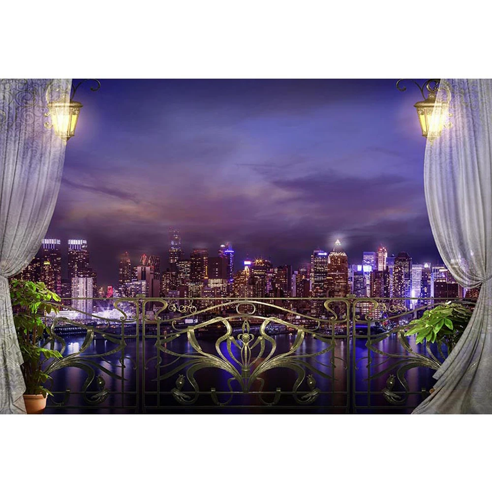 Night Scenic Photography Backdrop City Buildings Purple Blue Sky River Printed Curtains Retro Lanterns Balcony Photo Background |