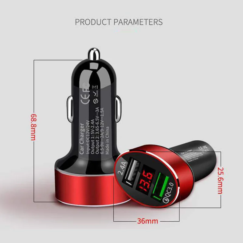 50pcs Dual USB QC3.0 Car Charger with Red LED Current voltage Display Adapter For Tablet PC cellphones | Мобильные телефоны и