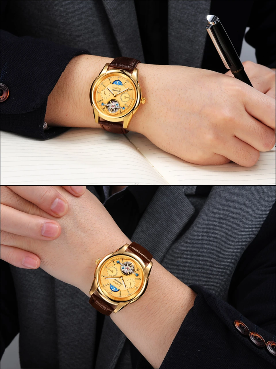 Автоматические механические часы мужские кожаные JSDUN Moon phase Мужские s часы лучший бренд класса люкс классические бизнес золотые мужские наручные часы Новые
