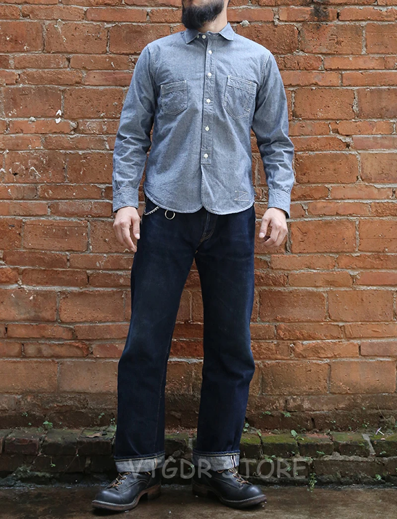 Мужская рубашка из Chambray Selvage Bronson голубая легкая Рабочая Рубашка для