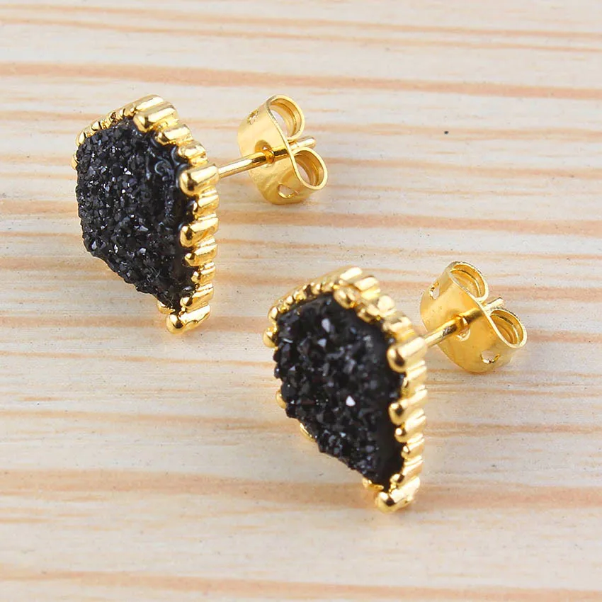 100-Unique 1 Pair Gold Color Irregular Shape Black Agates Cluster Stud Earrings Elegant Women's Earring