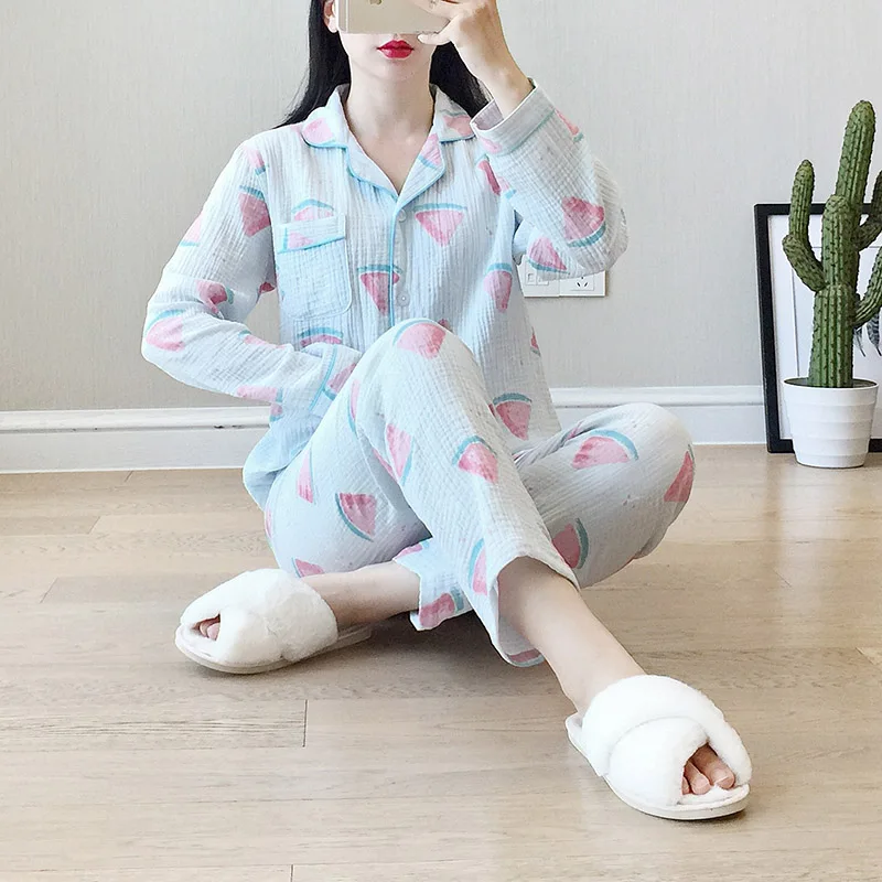 Весенне-летний комплект свободных пижам для дам Ins Fresh style Женская одежда для сна удобная газовая хлопковая Домашняя одежда с рисунком арбуза