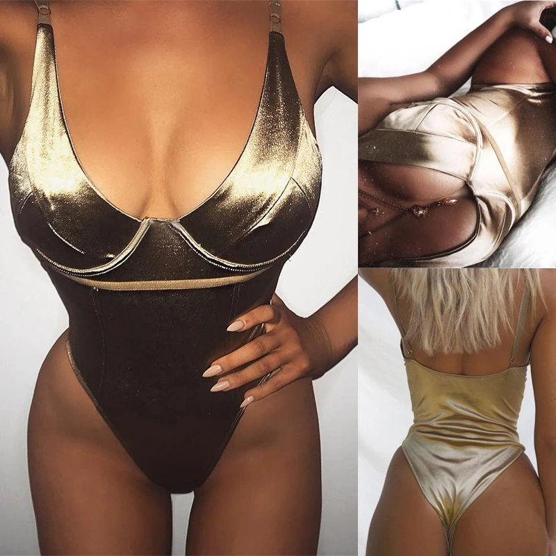 Летнее боди золотистого цвета обтягивающее кружевное ночное белье без рукавов