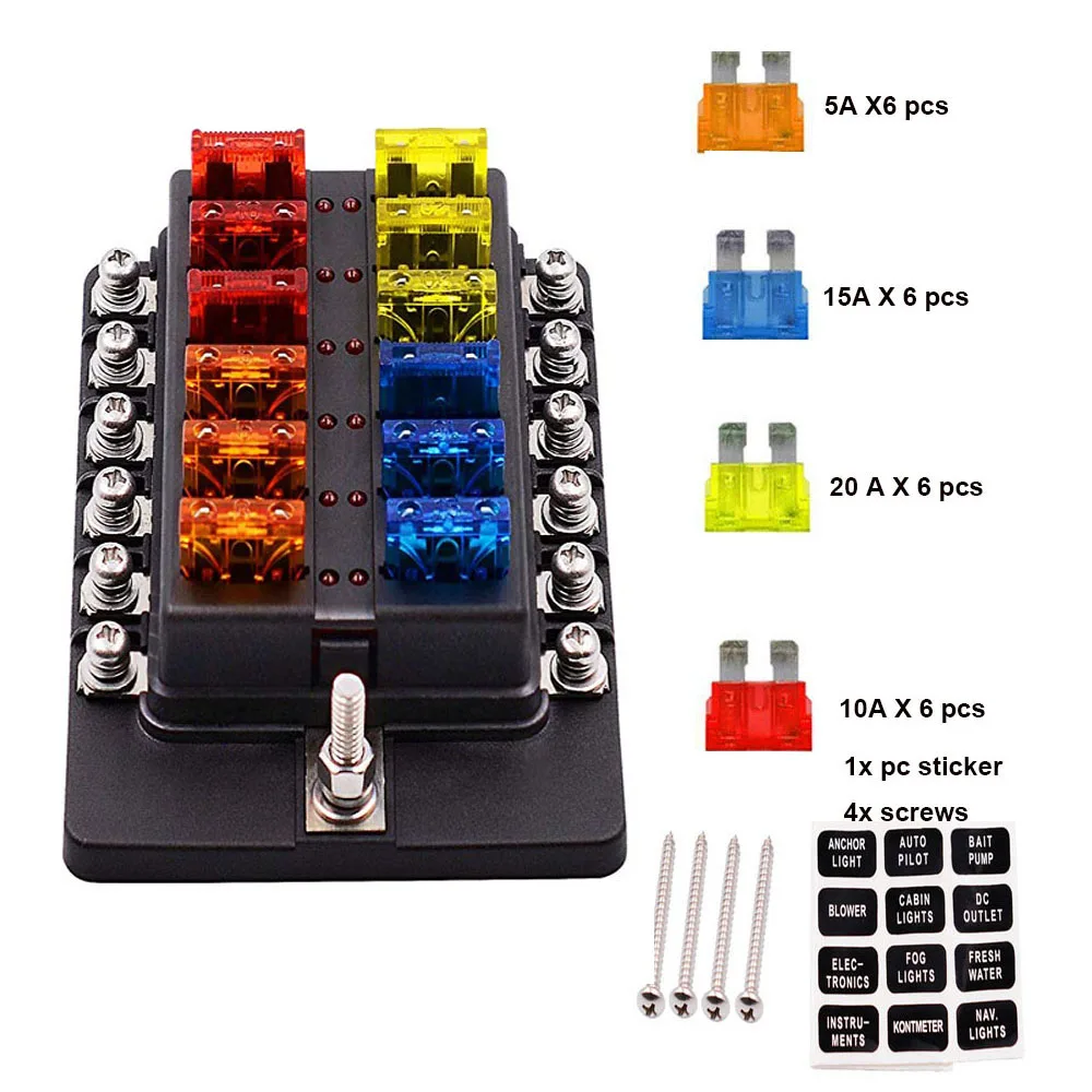 12V /32V Plastic Cover Fuse Box Holder M5 Stud With LED Indicator Light 12 Ways Blade for Auto Car Boat Marine Truck | Автомобили и