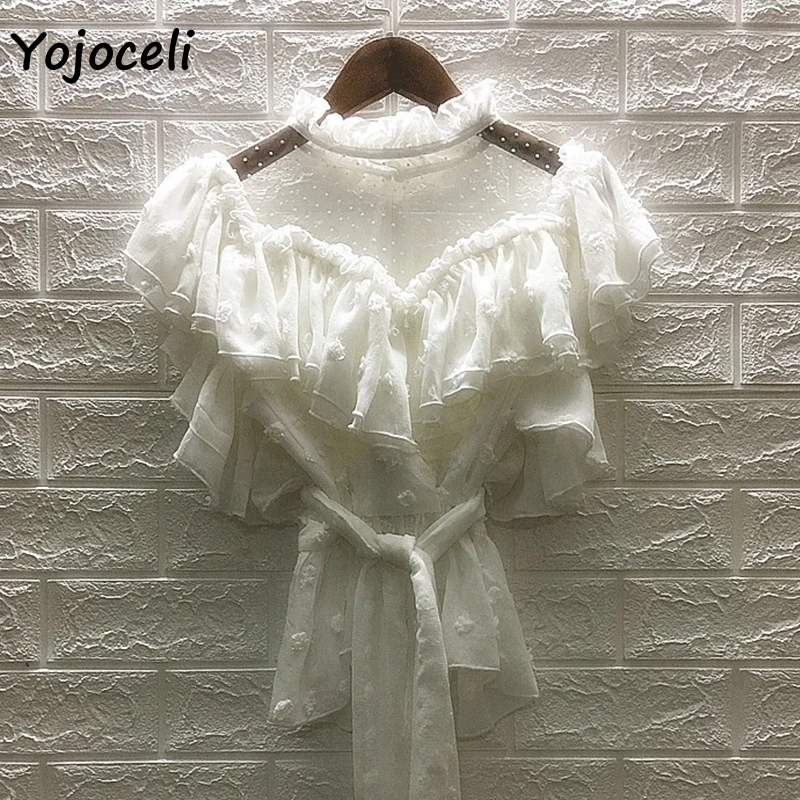Женская шифоновая блузка Yojoceli в горошек с кружевным бантом для вечеринки Пляжная