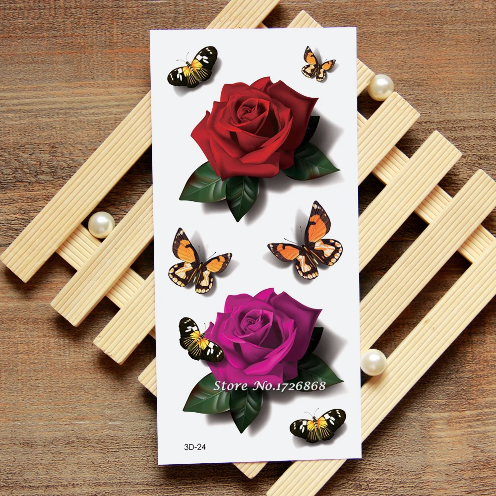 

3D Rose Butterfly Fake Tattoo Decals Temporary Tattoo Body Art Flash Tattoo Stickers Waterproof For Women Men #024