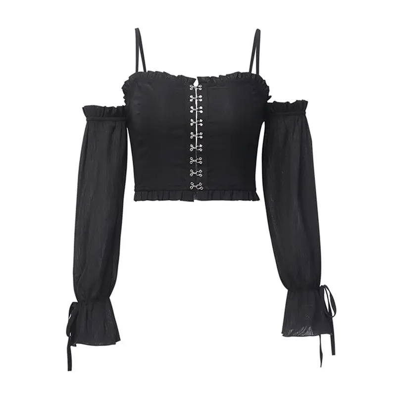 Женская блузка с открытыми плечами черный укороченный топ из сетчатого