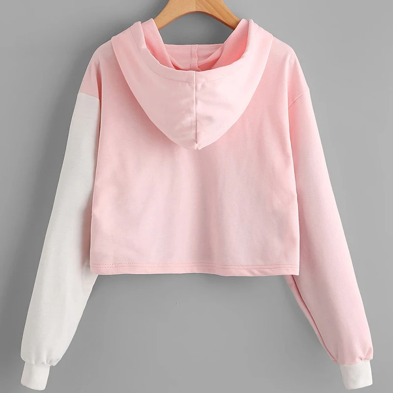 Bigsweety Для женщин Drawstring с капюшоном Harjuku Цвет блока длинным рукавом Толстовка
