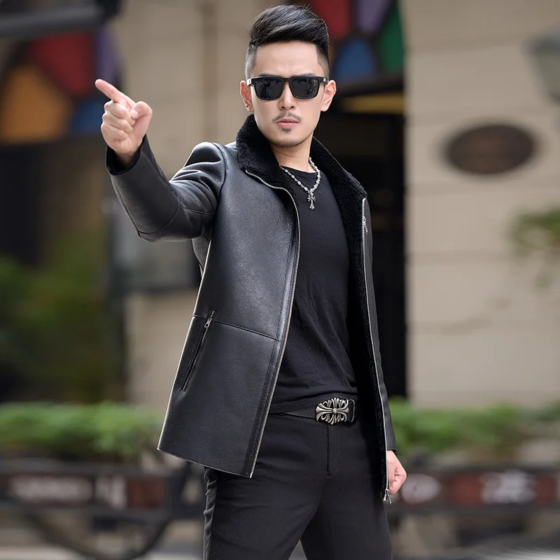 2017 Новая мода бренд Разделение овчины кожаная куртка меховой воротник Дизайн