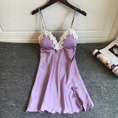 Lavender Lisacmvpnel Кружево с Pad Removable Для женщин ночной рубашке спагетти ремень v-образным вырезом Для женщин пижамы - Цвет: Lavender